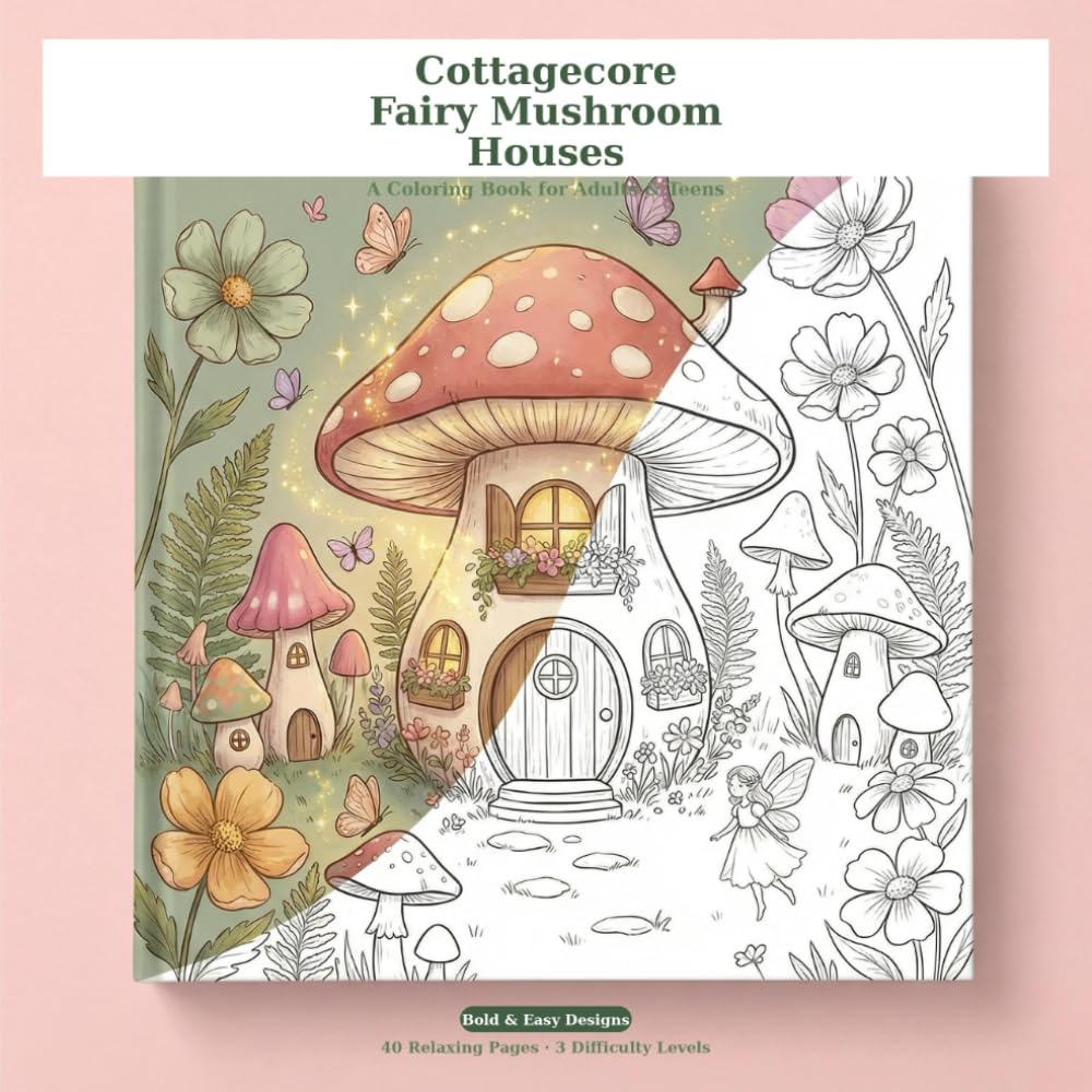 Cottagecore Fairy Mushroom Houses Coloring Book: 40 Bold and Easy Magical Designs for Adults and Teens