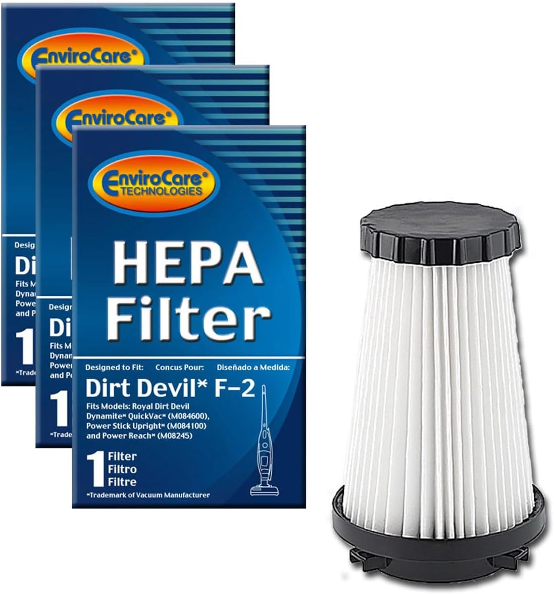 EnviroCare Premium Replacement HEPA Vacuum Filters Designed to Fit Dirt Devil Dynamite, Quickvac, Power Stick, and Power Reach Uprights. Type F-2. 3 Filters