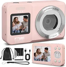 Câmera Digital, Câmera de Tela Dupla 4K 64MP, Zoom 18x, Aponte E Dispare 1 Baterias, Rosa, Camera Compacta, Time-Lapse, Temporizador, Vídeo HD（Cartão de Memória Não Incluído）