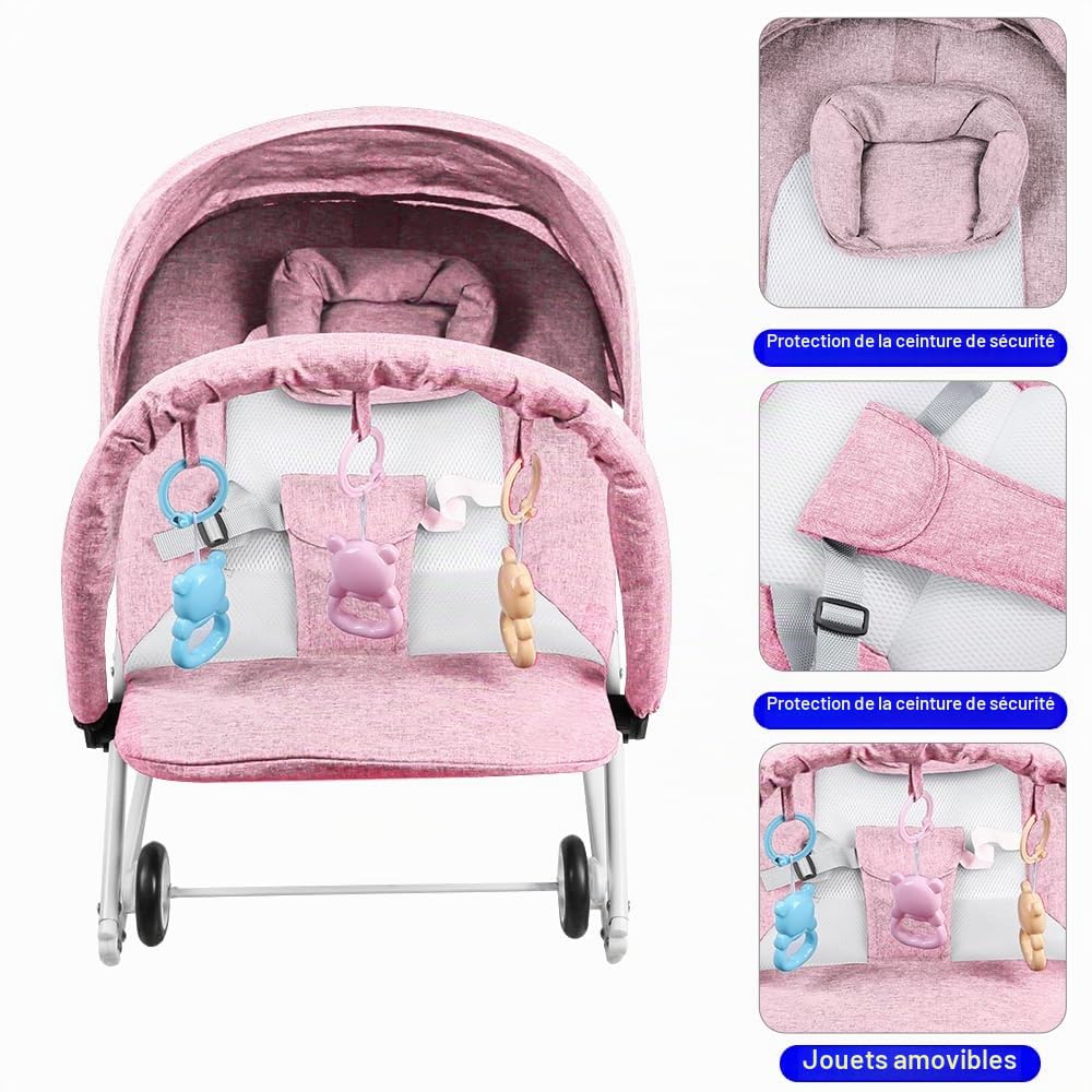 Transat Bébé Vibrations Apaisantes - Ergonomique - Musique, Barre de Jouets Amovible, 0 à 9 Mois Jusqu'à 9 kg- 40 x 80 x 66 cm - Rose