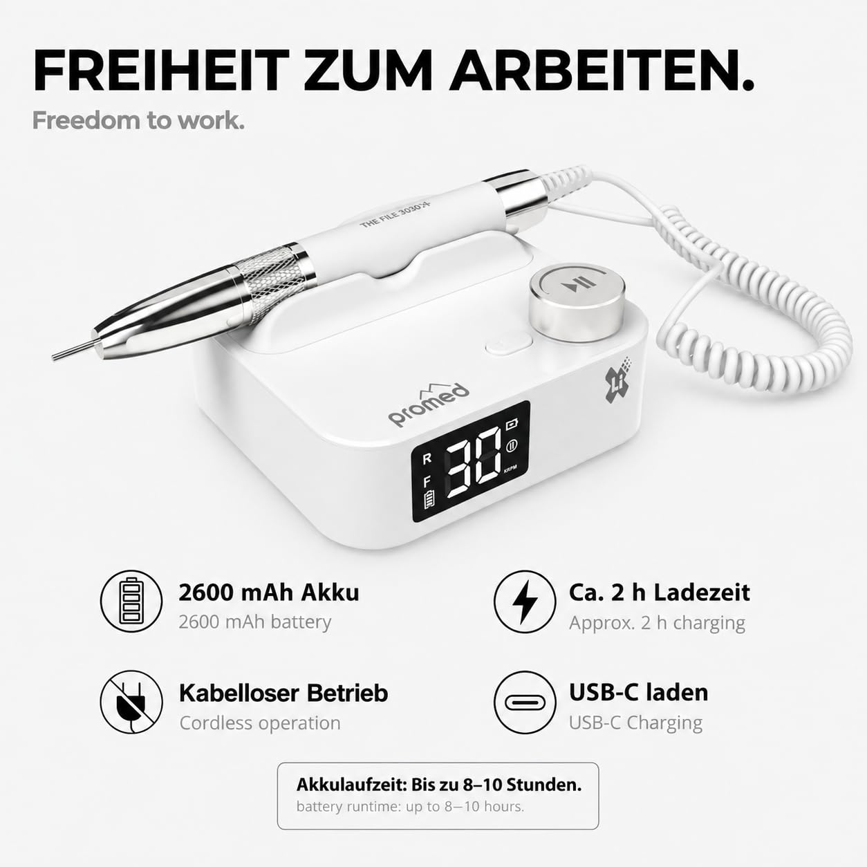 Promed The File 3030-X Akku-Nagelfräser 30.000 U/min – Profi Maniküre Pediküre Set, kabellose Nagelfeile elektrisch, Fußpflege Set elektrisch, Fräser Nägel - mit Brushless-Motor, USB-C, LCD-Display