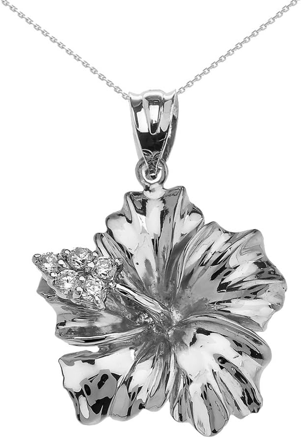 Claddagh Gold Sterling Silver Caribbean Hibiscus (Malvaceae) Cubic Zirconia Pendant Necklace