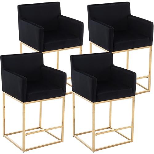 VESCASA Velvet 27" H Counter Height Bar Stools with Arms, Upholstered Counter Stools with 12.5" H Padded Back, Modern Island Chairs with Gold Metal Frame for Kitchen Island, Set of 4, Black