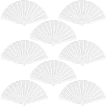 durony 8 Pieces Handheld Folding Fan Nylon Cloth Chinese Fans with Plastic Handle Decorative Folding Fans for Party, Wedding Gifts, Home Decoration, White