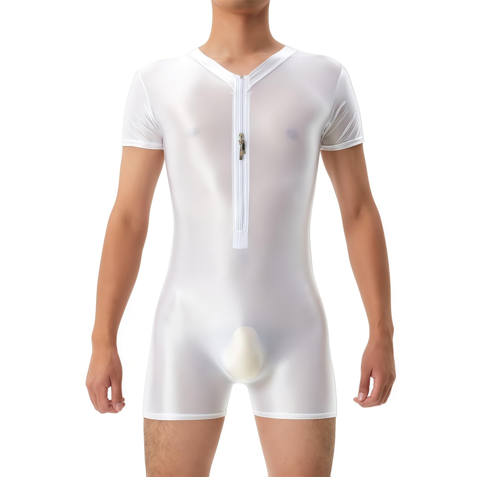 Men's Oil Shiny Bodysuit Short Sleeve Zip Front Seamless Wrestling Singlets — image 1