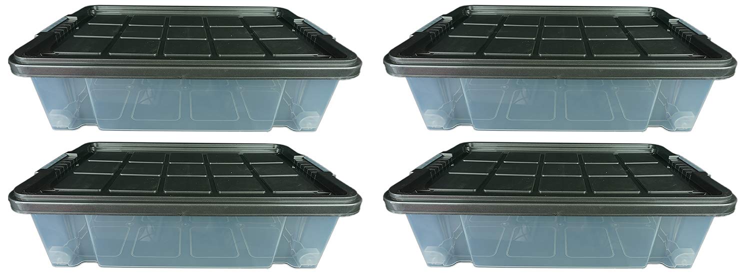 Novaliv 4 cajas de plástico con tapa con ruedas de 45 l, 61 x 40 x 27 cm, transparentes, gris antracita, cajas de luz grandes, cajas de almacenamiento, caja de plástico