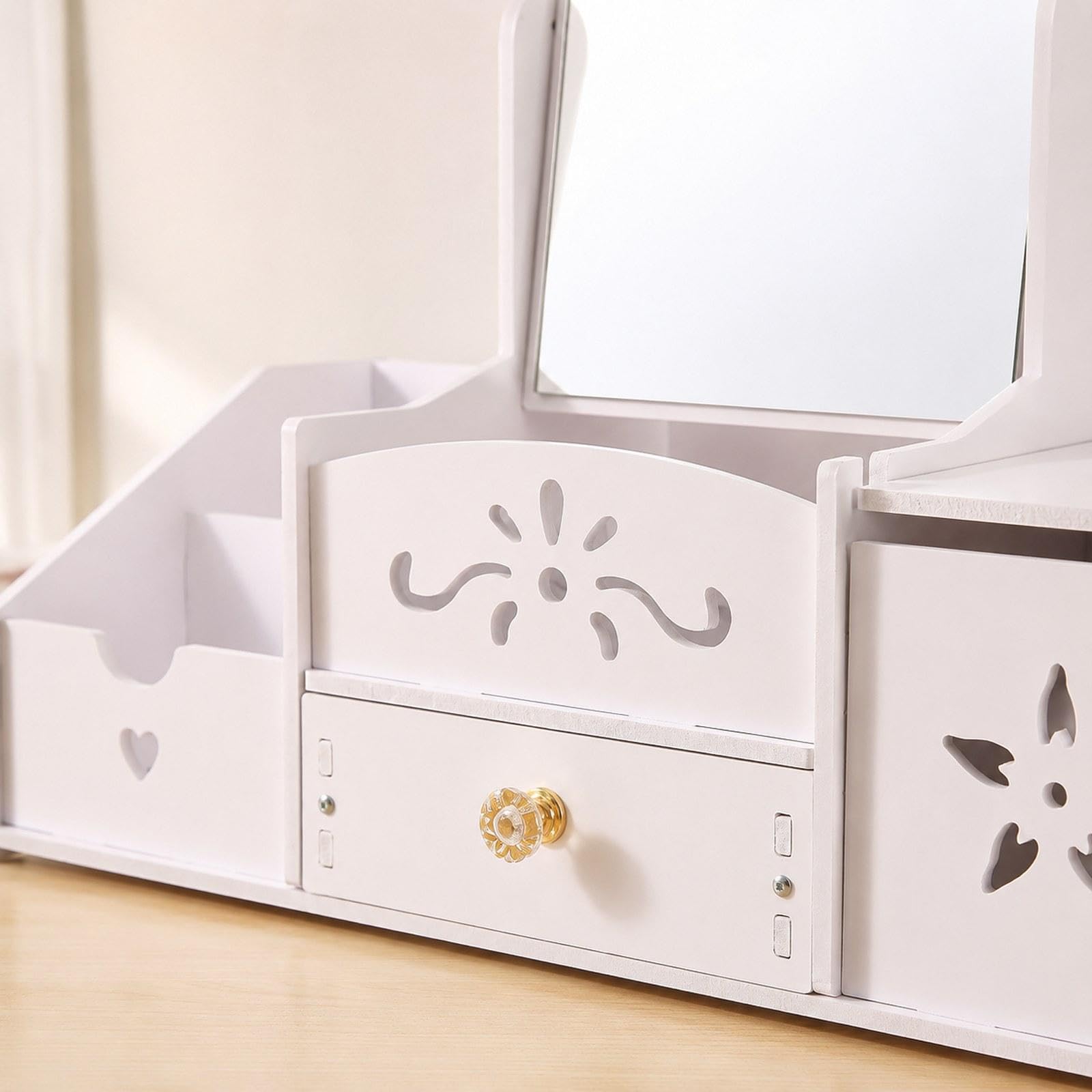 perfk Organizador Maquillaje con Espejo, Organizador cosméticos para brochas con cajón, Estuche exhibición cosméticos versátil para el hogar, Espejo Rectangular
