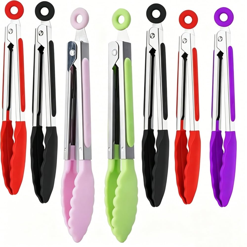 Small Silicone Kitchen Tongs, 7 Pack, 7-Inch Stainless Steel with Silicone Tips, Locking, Heat Resistant, for Cooking and Serving