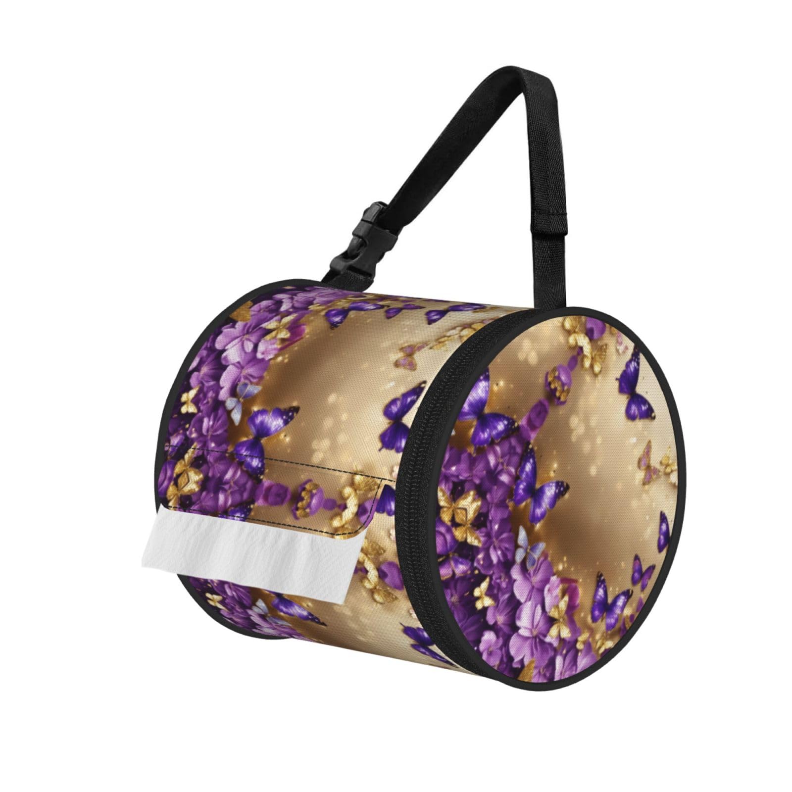 Purple Butterfly Printed Hanging Tissue Organizer, Smooth Zipper Oxford Cloth Roll Holder for RV Bathroom Desk