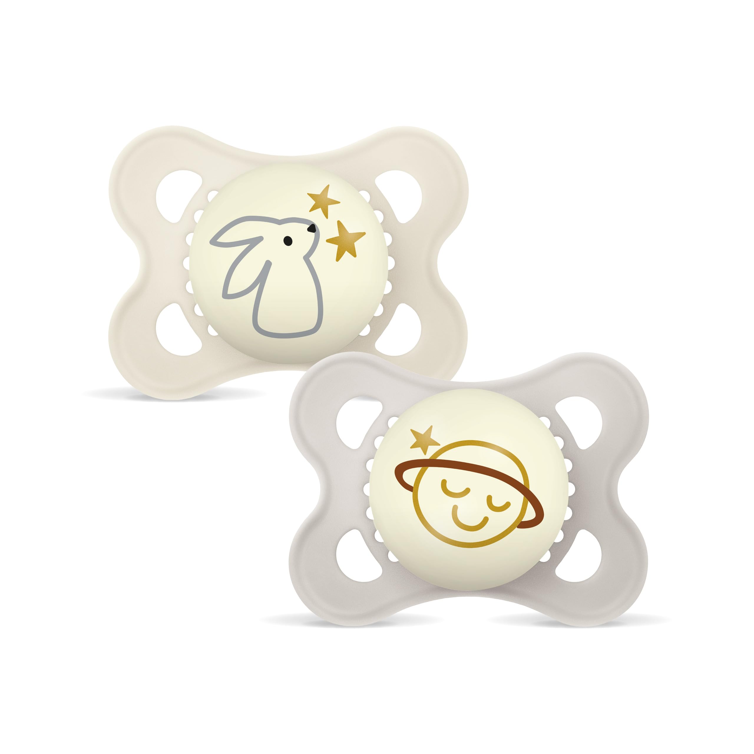 MAM 2 x Glow in the Dark Pacifier 2-6 Months with Symmetrical Teat Flat and Flexible Silicone Easy to Receive with Self-Sterilising Box Original Neutral Matte Night