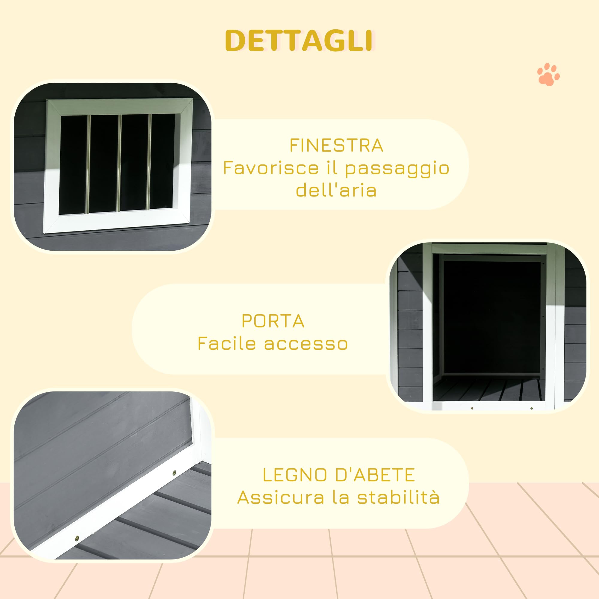 PawHut Cuccia per Cani da Esterno con Tetto in Bitume Impermeabile, Casetta per Cani in Legno Massello con Finestra e Terrazza, 124x112x105cm, Grigio