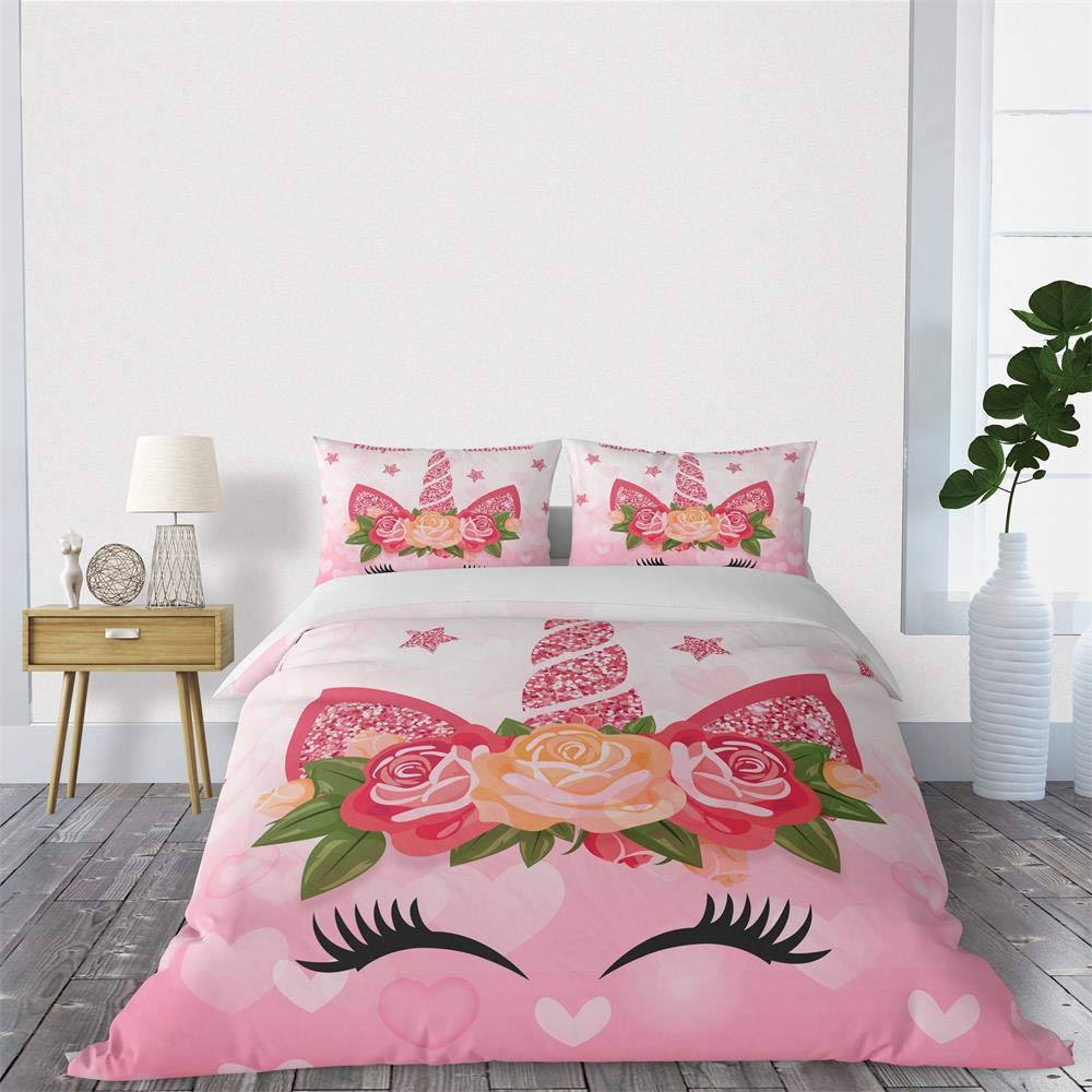 SHINICHISTAR Lovely Unicorn Duvet Cover Set, Girls Charming Eyelash, Decorative 3 Piece Bedding Set with 2 Pillows sham, Queen Size
