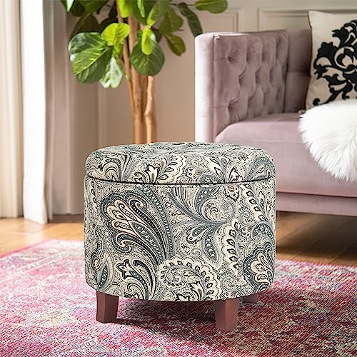 Adeco 20’’ Tufted Round Ottoman With Storage - Storage Ottoman With Lid- Blue And Green Boho Paisley Fabric Upholstered Footstool Footrest With Sturdy Wood Legs #TOP1