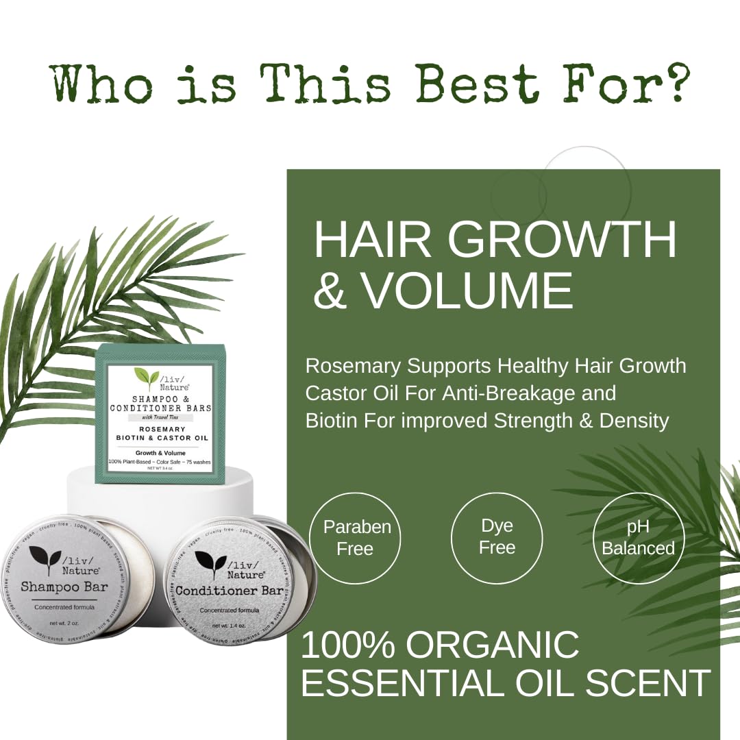 Shampoo Bar and Conditioner with Travel Tins | Rosemary, Biotin, Castor Oil | Growth, Volume, Thickening | For Thinning Hair | USA 2-pk