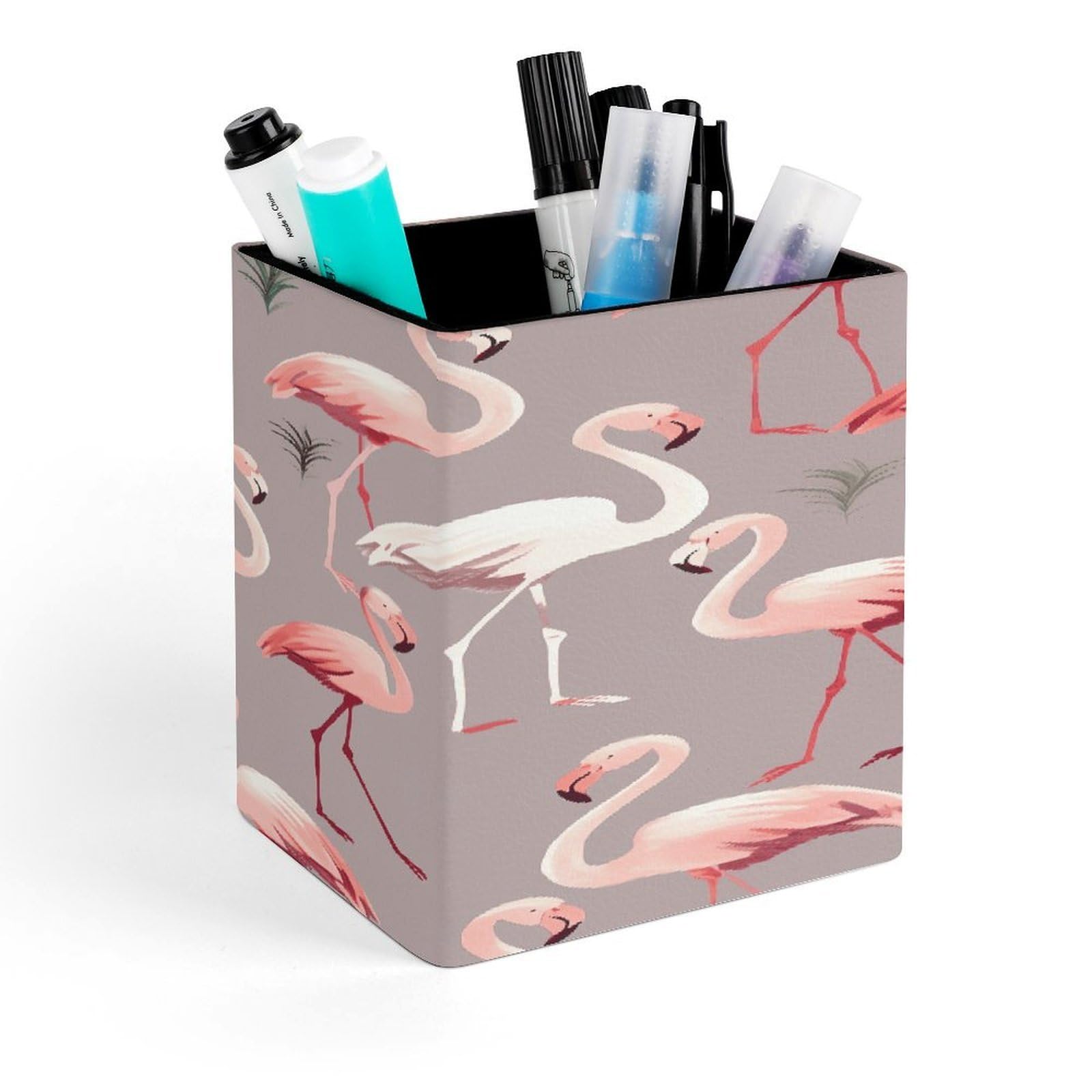 FekiLoot Pink Flamingo Pattern Pen Holder for Desk Minimalist Leather Pencil Holder Fashion Modern Pencil Cup Decorative Square Pen Cup Locker Organizer for Office Work Locker Accessories