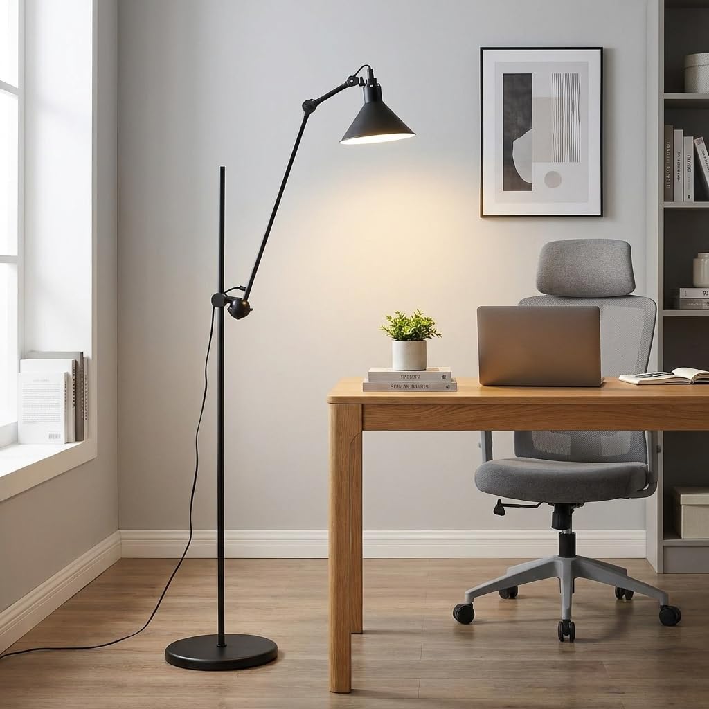 Barcelona LED Candeeiro de Pé Articulado RUBY 215 E27 Preto – Candeeiro Industrial de Chão 360° Ajustável, Base Estável 9 kg, Design Loft para Sala Escritório Estúdio (Lâmpada Não Incluída)