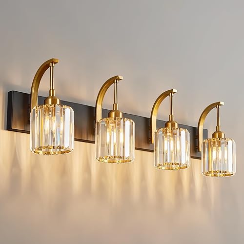 Miniatura 47 de Luces de tocador de cristal cromadas de 4 luces, modernas lámparas de baño de cristal sobre espejo de 32.67 pulgadas de largo para baño Cromo
