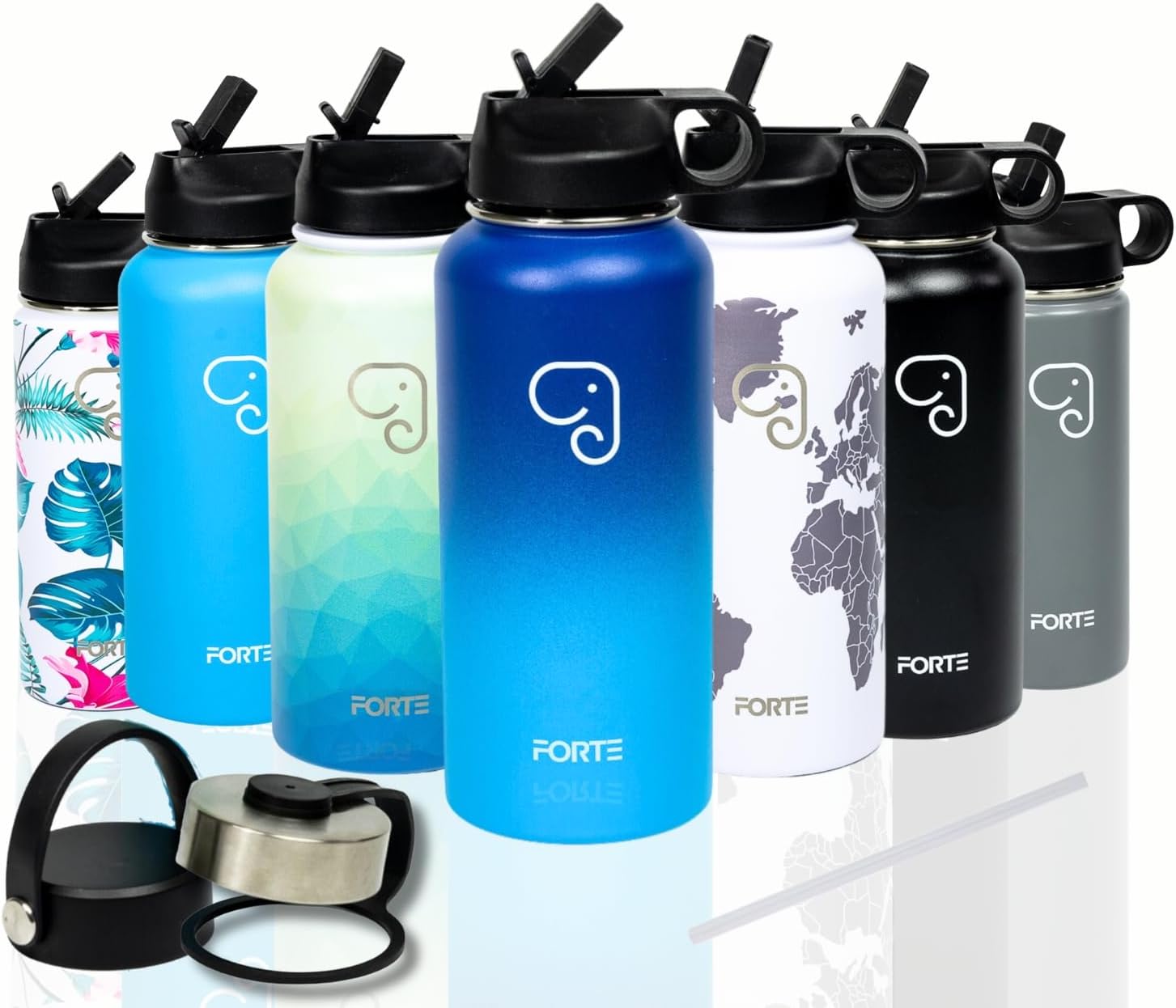 FORTE Insulated Stainless Steel Water Bottle - Reusable and BPA-Free Water Jug with Leak Proof Lid and Straw - Available in Aesthetic Designs - Perfect for Gym, Office and Everyday Use (Blue 1 Liter)