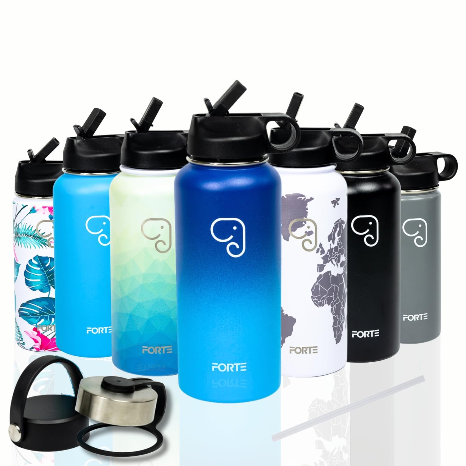 FORTE Insulated Stainless Steel Water Bottle - Reusable and BPA-Free Water Jug with Leak Proof Lid and Straw - Available in Aesthetic Designs - Perfect for Gym, Office and Everyday Use (Blue 1 Liter)