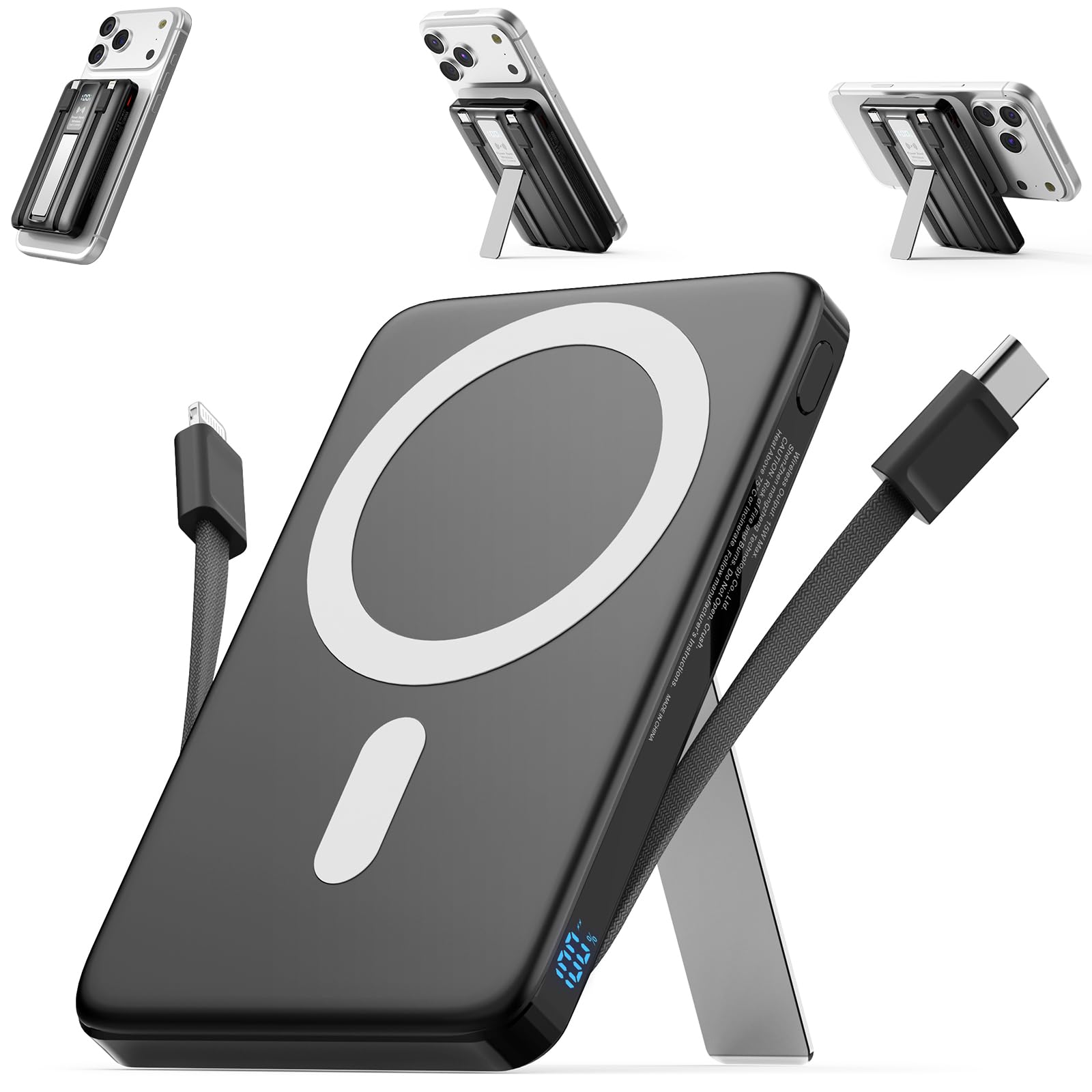 2026 Magnetic Portable Charger 10000mAh, 22.5W Power Bank Built in Cable