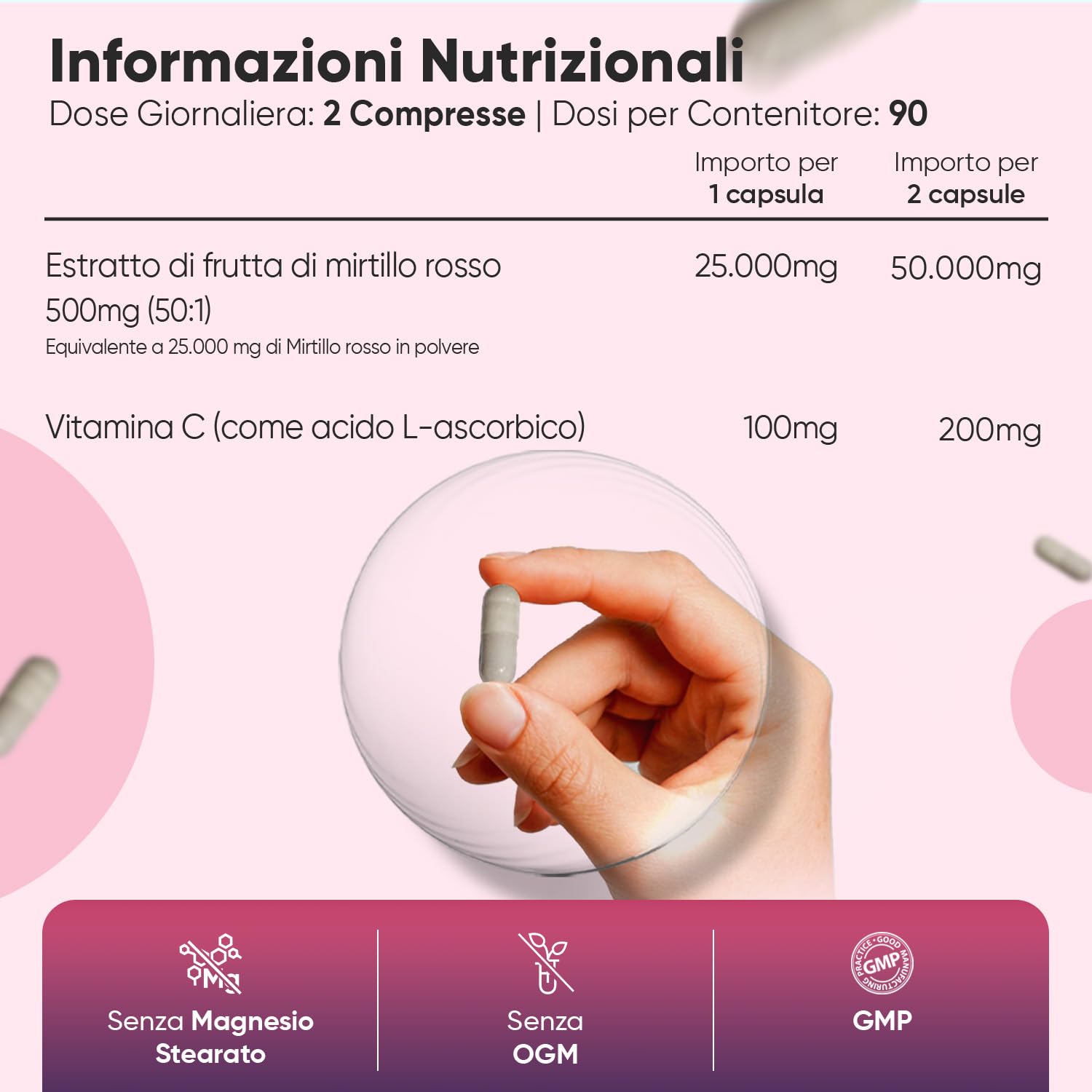 Mirtillo Rosso Vegano,180 Cranberry Capsule con Vit C, 6 Mesi, da 25000mg per Capsula, Cranberry Integratore Alimentare Estratto 50:1 con Vitamina C (come Acido L-Ascorbico), Senza Magnesio Stearato