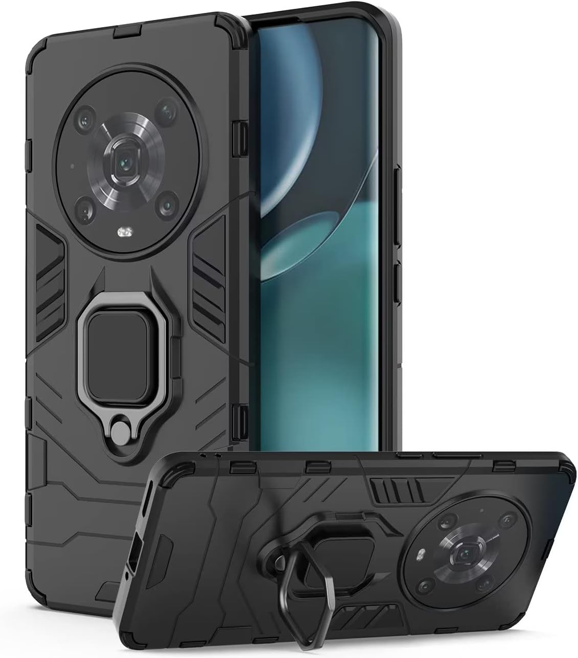 DERHAN Case for honor Magic 4 Pro 5G, Shockproof Armour Phone Case with 360° Rotating Stand, Hard PC TPU Silicone Protective Cover Bumper - Black