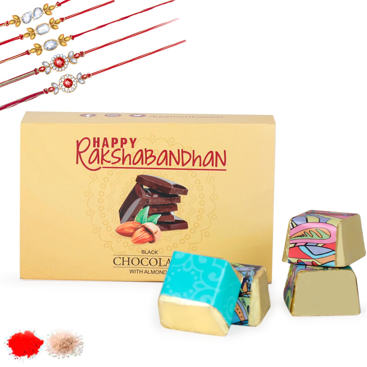 Kaameri Bazaar Rakhi for Brother combo with chocolate - Set of 5 Rakhi with 4 PC Dark chocolate Gift Pack Greeting Card and Roli Chawal - Rakhi Gift for Brother - Crystal rakhi (B0CF9XS7GD) Amazon Price History, Amazon Price Tracker