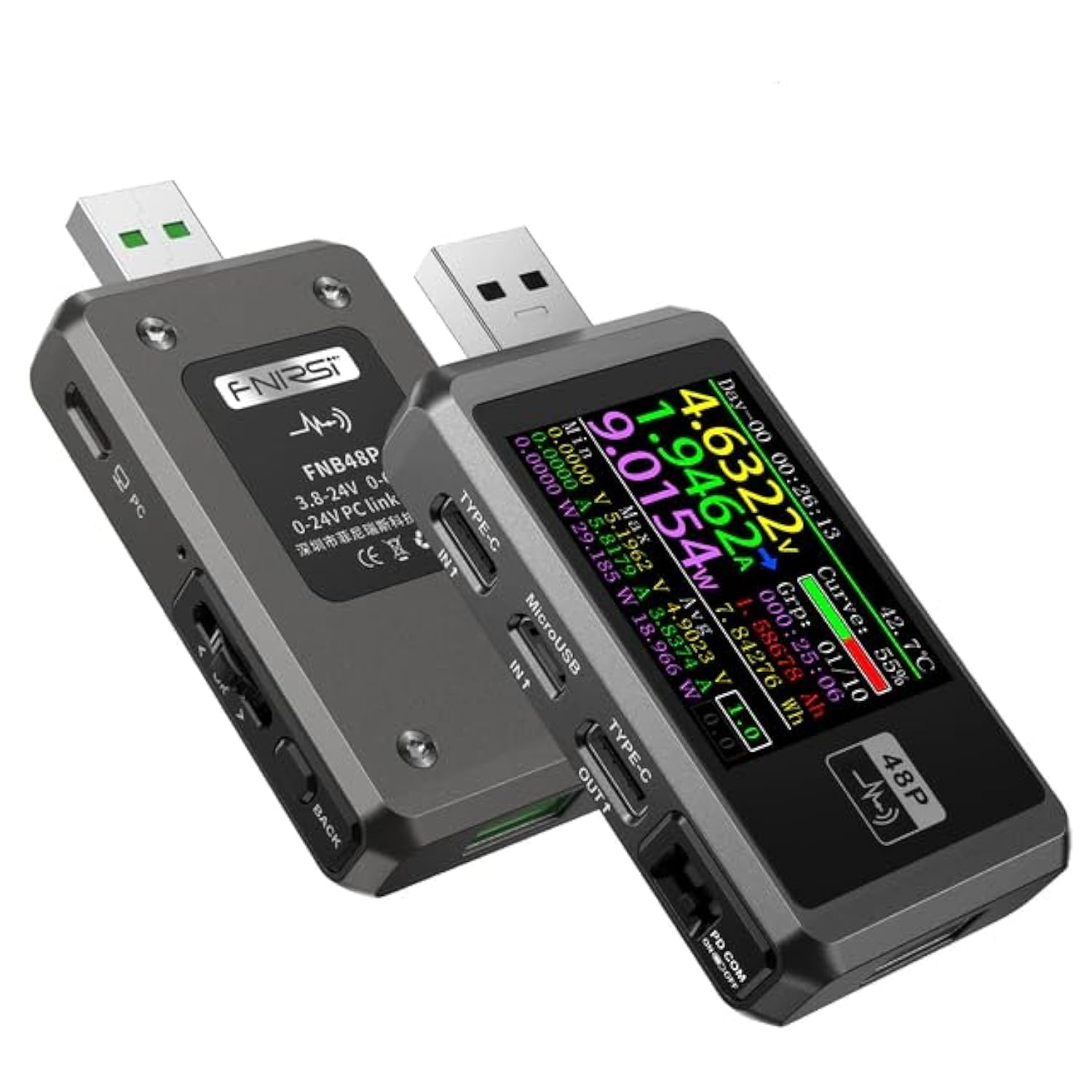 Fnirsi USB Tester Détection de charge FNB48P USB testeur Voltmètre Ampèremètre TYPE-C Détection de charge rapide Trigger Capacity Ripple Measurement with CNC Metal Shell(FNB48P sans Bluetooth)