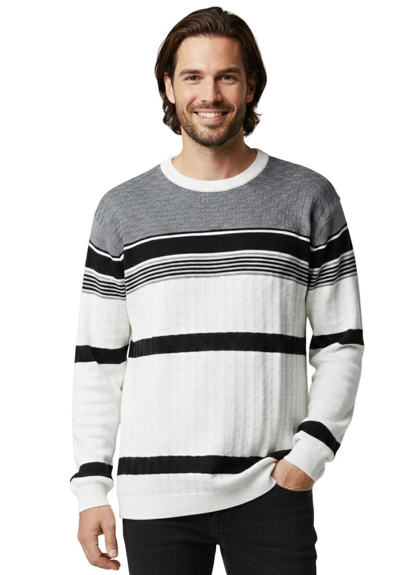 kalasar Men's Striped Crew Neck T Shirt, Cotton Knit Pullover, Grey Black White Color Block-picture-15