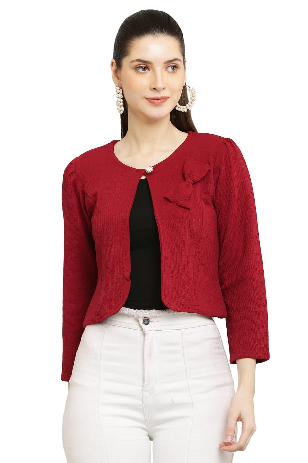 Women's Cotton Lycra Cropped Shrug, Royal Blue, Bow Detail, 3/4 Sleeves, Casual and Elegant Layering (IN, Alpha, 3XL, Regular, RED)-image-7