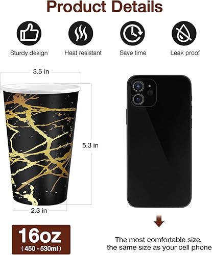 Miniatura 2 de Hommtina Tazas de café desechables con tapa con diseño de mármol dorado, juego de 74, taza de café de papel caliente de 16 onzas con tapas, para