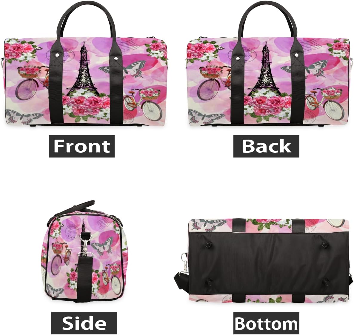 Watercolor Tower Butterfly Bikes Flower Travel Duffel Bag for Women Men Large Capacity Overnight Weekender Bags for Lightweight Waterproof Sport Gym Bag for Workout Yoga Swim