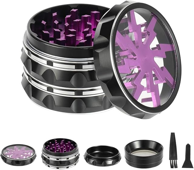 TIRIRS 2.5" 4 Pieces Clear Top Herb Grinder - Aluminium Spice Grinder with Pollen Scraper and Cleaning Brush - Black Body with Purple Lightning on Top