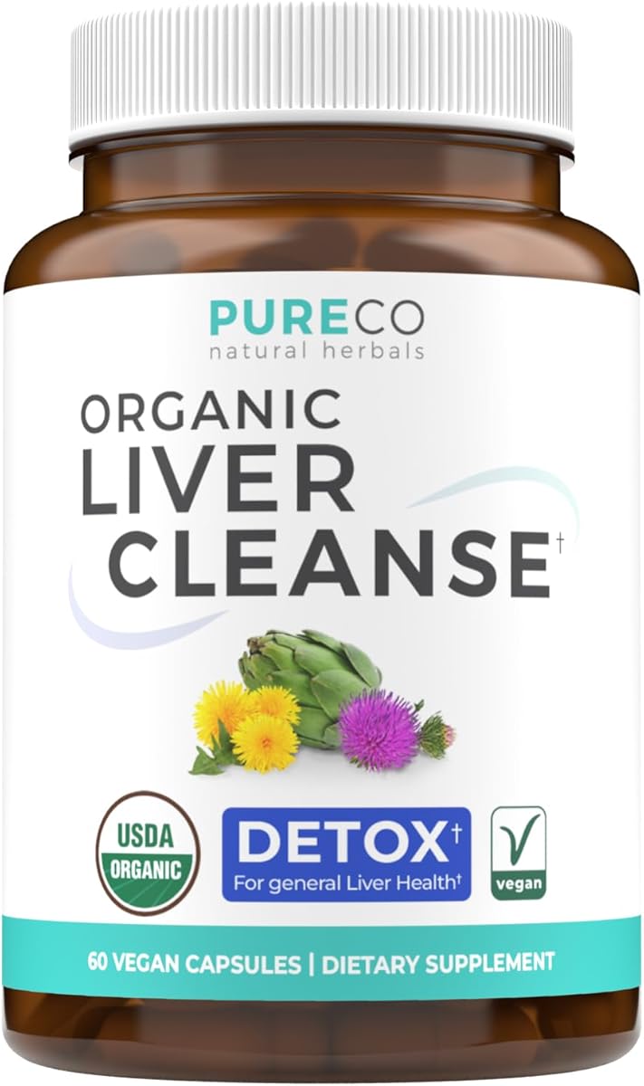 PURE CO Organic Liver Cleanse Detox & Repair (Vegan, Non-GMO) Milk Thistle Extract (80% Silymarin), Dandelion Root, Artichoke Leaf, Yellow Dock - Liver Health Support Supplement - 60 Capsules (No Pills)