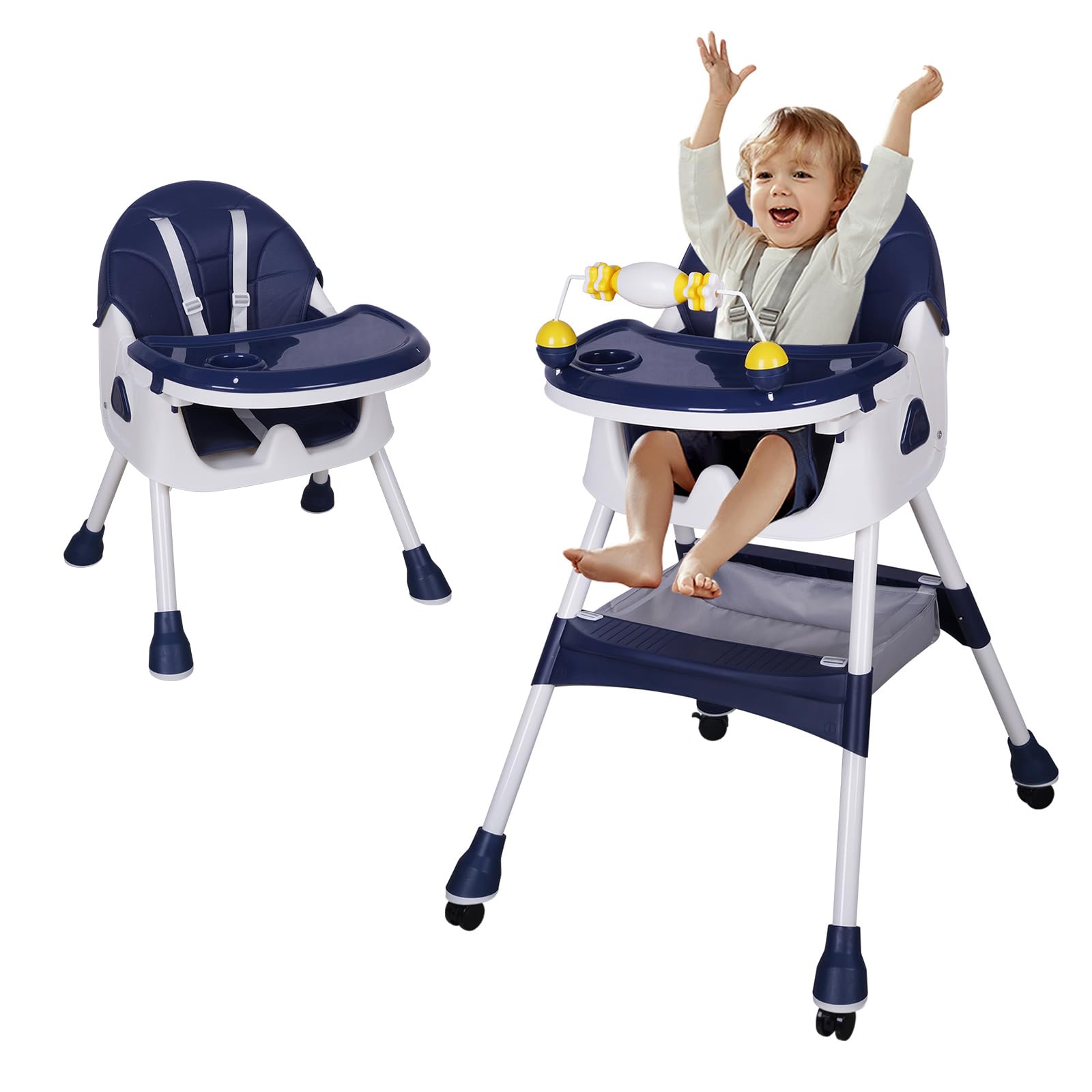 Chaise Haute Bébé Pliable Chaise Enfant Voyage avec roulettes, dossier réglable, tablette amovible, siège avec ceinture de sécurité pour 6 mois à 6 ans Repas Bébé 20kg (Bleu foncé)