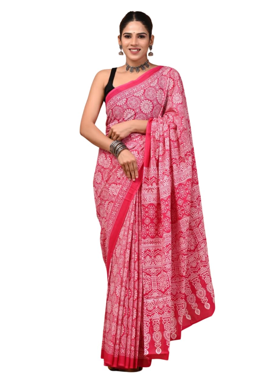 Daily Use Cotton Saree for Women with Simple Print, Contrast Border, and Matching Blouse Piece, Elegant and Comfortable Traditional Use (Pink Free Size)-image-25