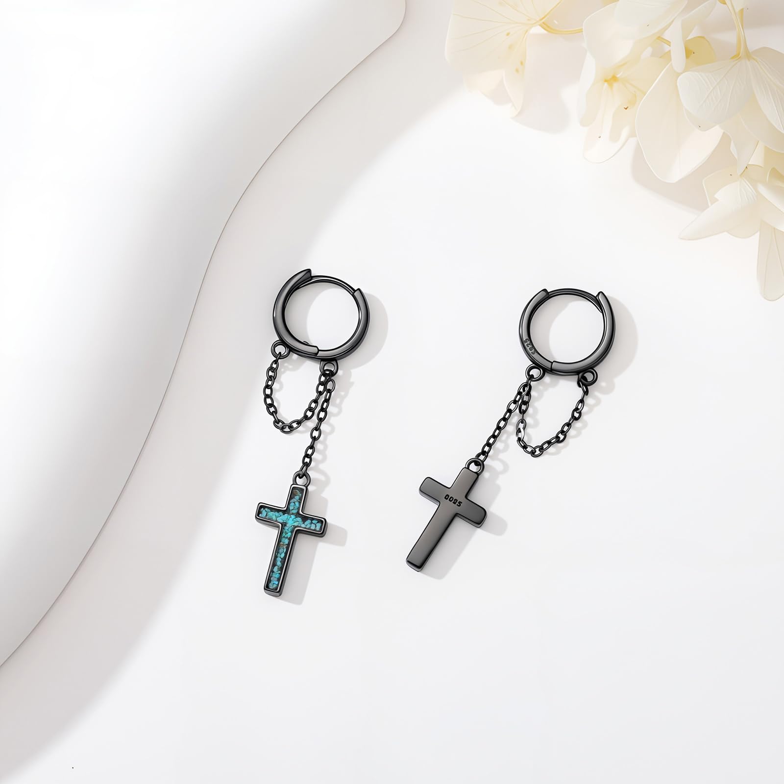 Midir&Etain Pendientes de cruz negra para hombres y mujeres, plata de ley 925, turquesa punk, cadena punk, joyería punk, regalos de cumpleaños para amigos
