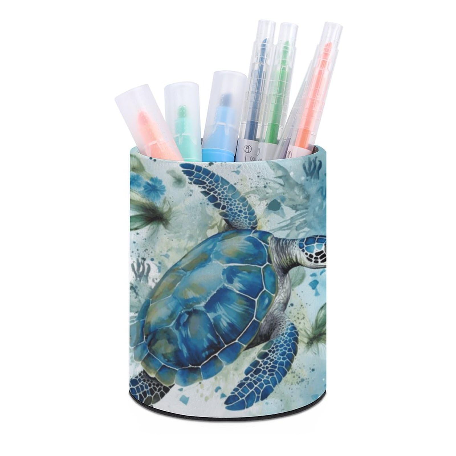 VstaDank Sea Turtle-Blue Pen Holder PU Leather Pencil Cup Minimalist Desk Pencil Holder Round Make Up Brush Organizers For Office Dorm Room&Vanity Desk Accessories