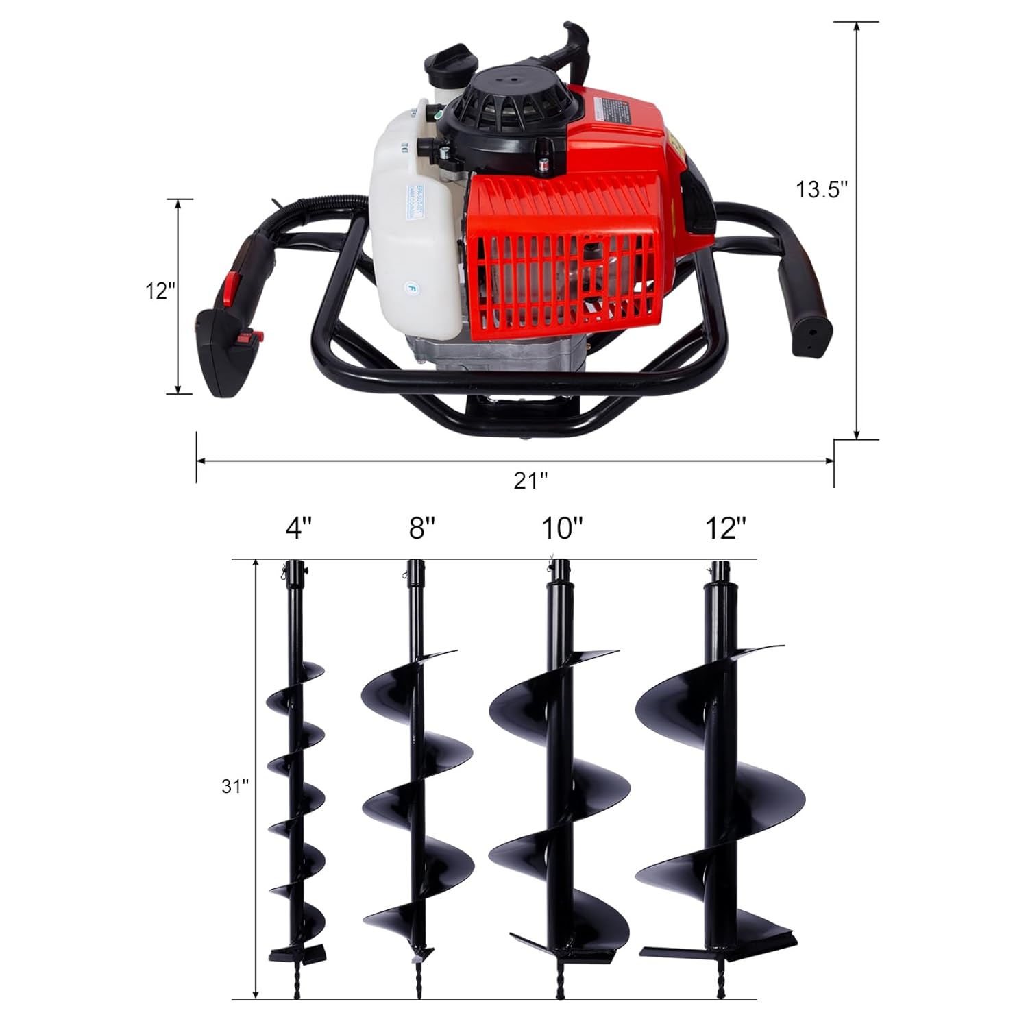 2.7HP Post Hole Digger 63cc Gas-Powered 2-Stroke Auger Digging Drill Shaft Size 3/4", EPA certificated with L4/L8/L10/L12 Drill Bits