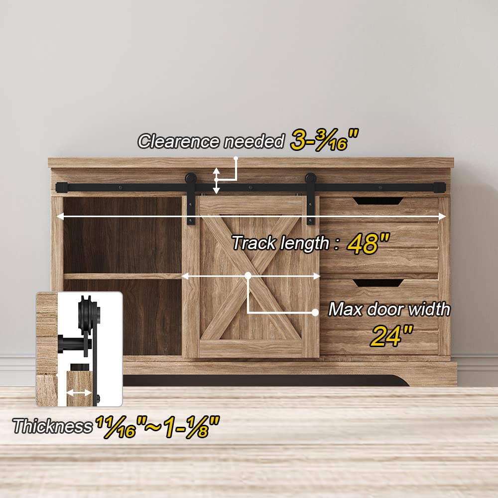 FREDBECK 4FT 48inch Mini Cabinet Small Barn Door Hardware Track Kit Apply for Cabinet Closet Cupboard Storage,4 Foot Single Door Kit Fit 21"-24" Door,I Shape Hanger (No Cabinet)