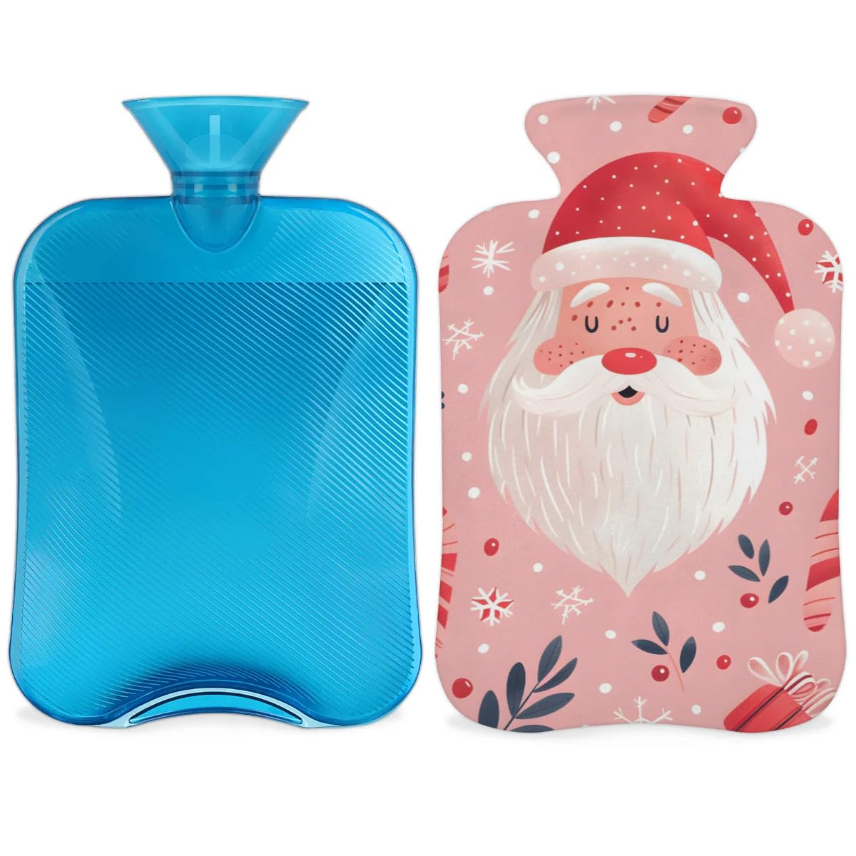 Hot Water Bottle with Soft Cover,2L Abstract Santa Claus Hot Water Bag for Hot and Cold Compress, Hand Feet Warmer, Retro Santa Claus Rubber Hot or Cold Water Bottle Halloween Christmas Decorations