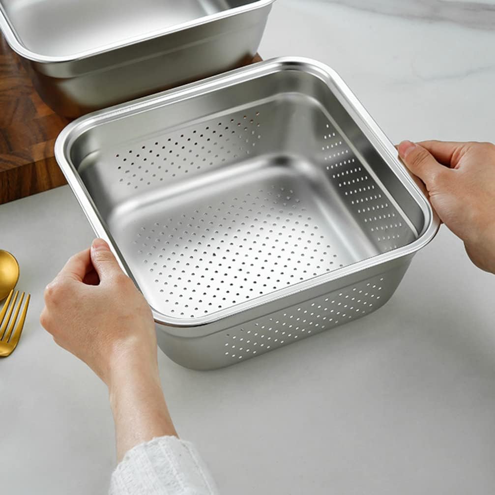 Zerodeko Stainless Steel Colander Square Basin 9.84 X 9.84 X 3.74 in Rice Strainer and Vegetable Washing Basket for Fruit Rice Draining and Kitchen Rinsing