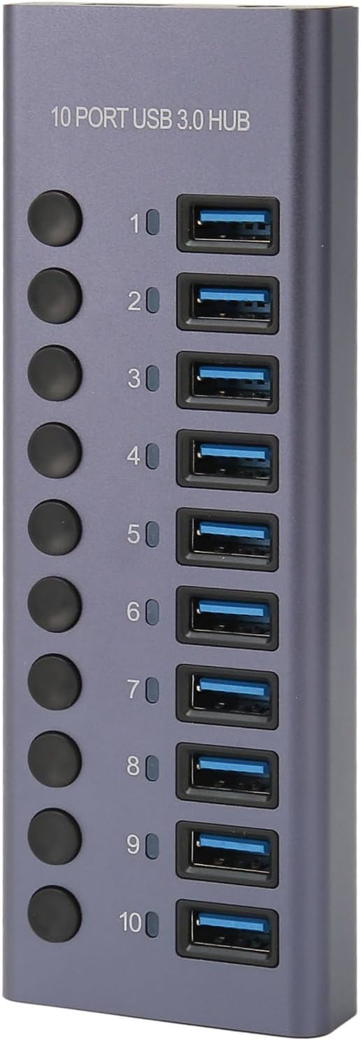 Bewinner USB 3.0 Hub 10 Ports, 60W Powered USB Hub for Laptops, USB Charging Hub with Individual Switches, LED Indicator, USB Hub Splitter Extension for Laptop, PC (UK Plug)