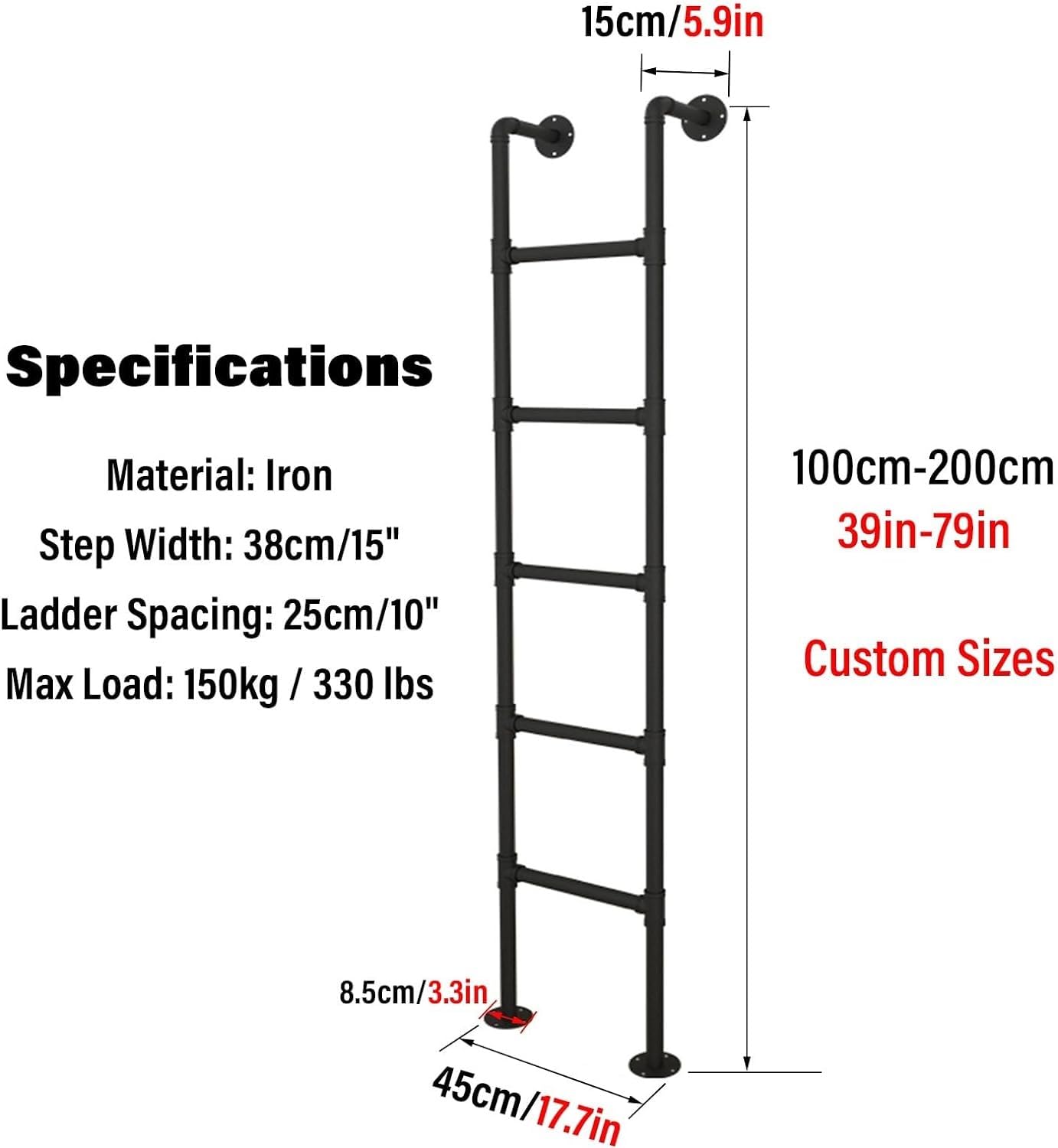 Escalera de Emergencia Resistente for literas (1 Pieza): Personalizable y atornillable for autocaravanas, sótanos y Tiendas de campaña.(Black,204cm)