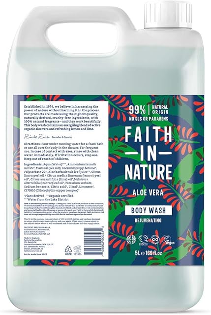 Faith In Nature Natural Aloe Vera Body Wash, Rejuvenating, Vegan and Cruelty Free, No SLS or Parabens, 5 L Refill Pack