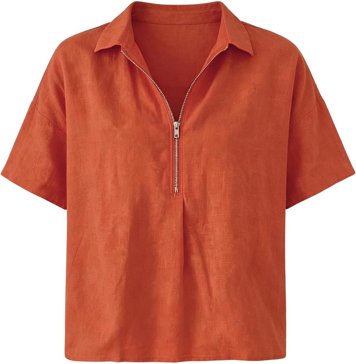 Women's Half Zip Short Sleeve Tops Summer V Neck Casual Blouse Casual Loose Fit Gauze Shirts Plain Work Top