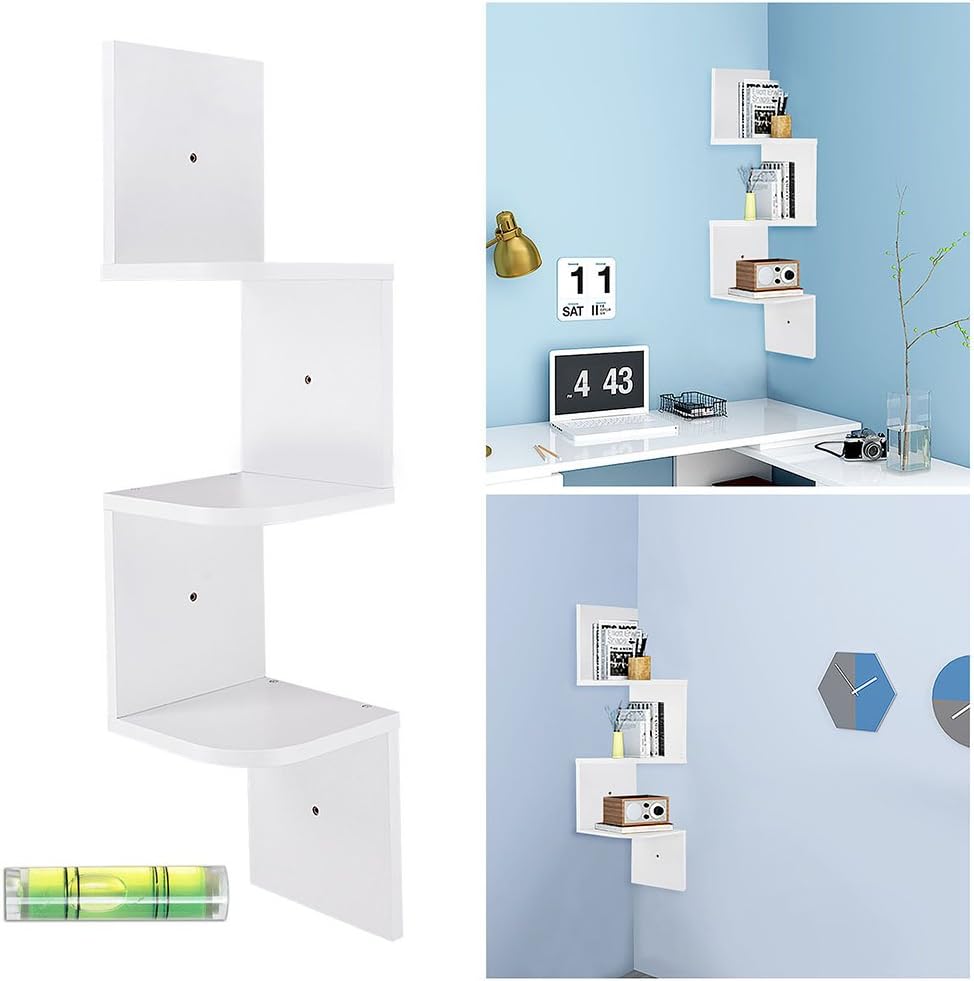 Yescom 3 Tiers Zig Zag Floating Wall Mount Corner Shelf Wooden Display Shelves Storage Organizer with Gradienter White