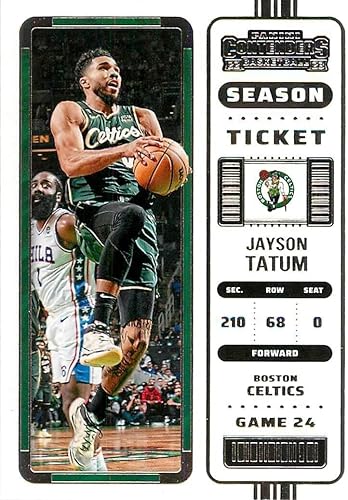 Jayson Tatum 2022 2023 Serie de boletos de temporada de Panini Contenders Tarjeta de menta #10 fotografiándolo en su camiseta verde de los Boston