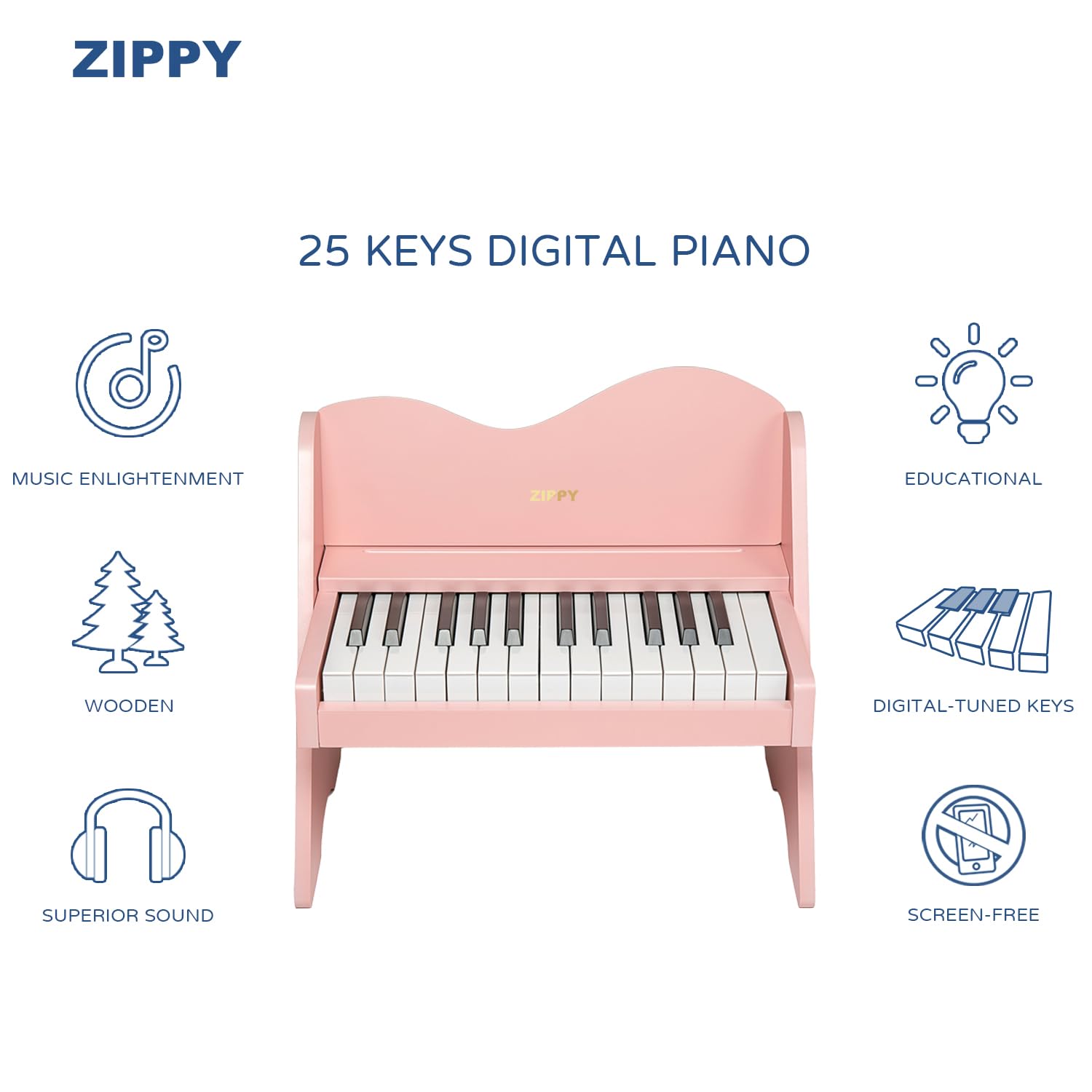 ZIPPY Kinder-Klavier-Tastatur, 25 Tasten, Lautstärke einstellbar, Mini-Musik-Lerninstrument-Spielzeug, Holzklavier für Kleinkinder Mädchen Jungen (Rosa)