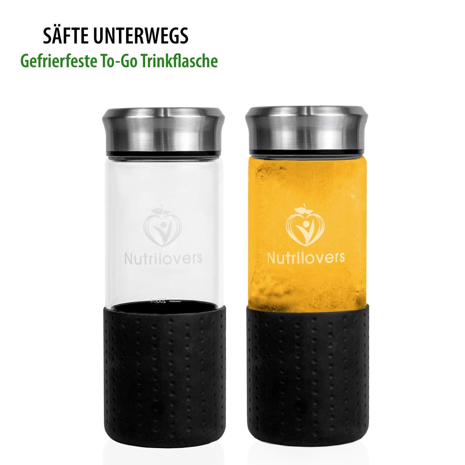 Nutrilovers Slow Juice Saft Glasflasche to go - Gefrierfeste Glas Trinkflasche aus robustem Borosilikatglas (BPA-frei & Geschmacksneutral), 450 ml